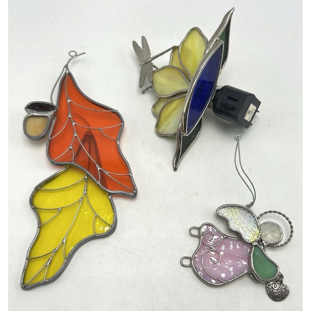 Artisan Stained Glass Lot Dragonfly Flower Plug In Night Light Leaf Angel Lot